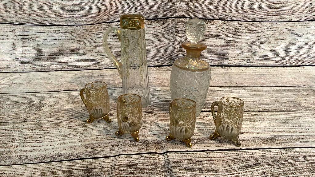 Hand Painted Decanter, Pitcher, Gilt Cups (1 of 6)