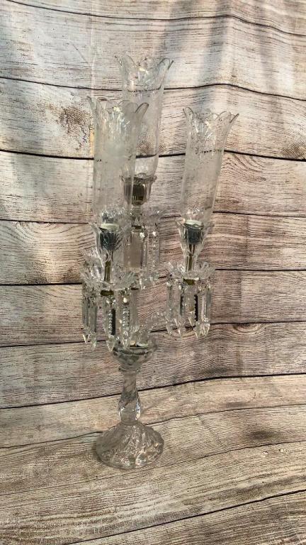 Baccarat Candelabra: 36 inches tall, 3 arms on spiral footed base, center post ..all with etched shades...grape and vine decorative....multiple hanging brilliants...beautiful!