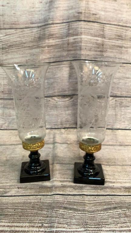 Pair Etched Hurricane Shade Candleholders (1 of 6)