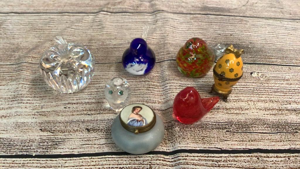 Waterford Apple, Glass Animals, Limoge, Portrait: Box ...3 Blown Glass Birds unmarked...Waterford Apple, Sworovski Owl, Limoge Egg w/ perfume bottle, hand painted portrait top dresser jar....