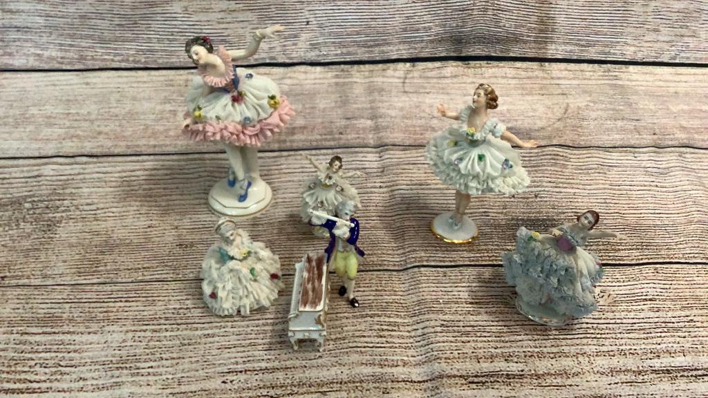 6 Dresden / Style Dancers: Some marked as Dresden, 6.5 to 3 inches...* some minor skirt damages tp piano player, smallest ballerina