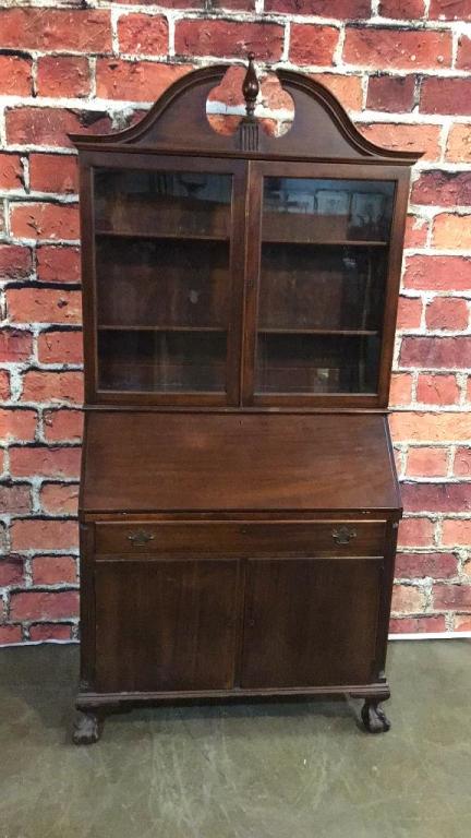 Chippendale Style Mahogany Secretary: Paw feet, cupboard base, 80 tall x 38 wide x 18.5 deep