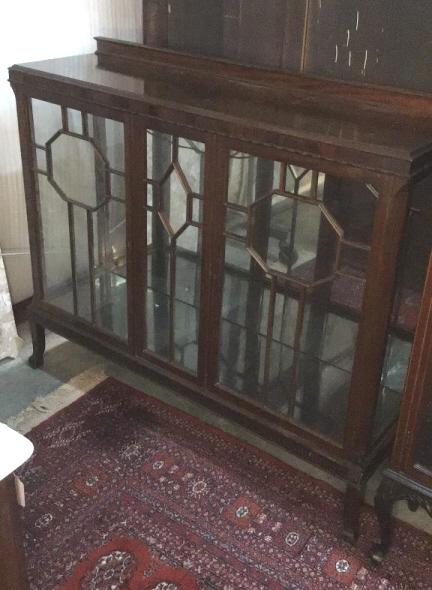 English Mahogany Curio Cabinet: Mirrored back, glass shelves 44 tall x 54 wide x 16 deep