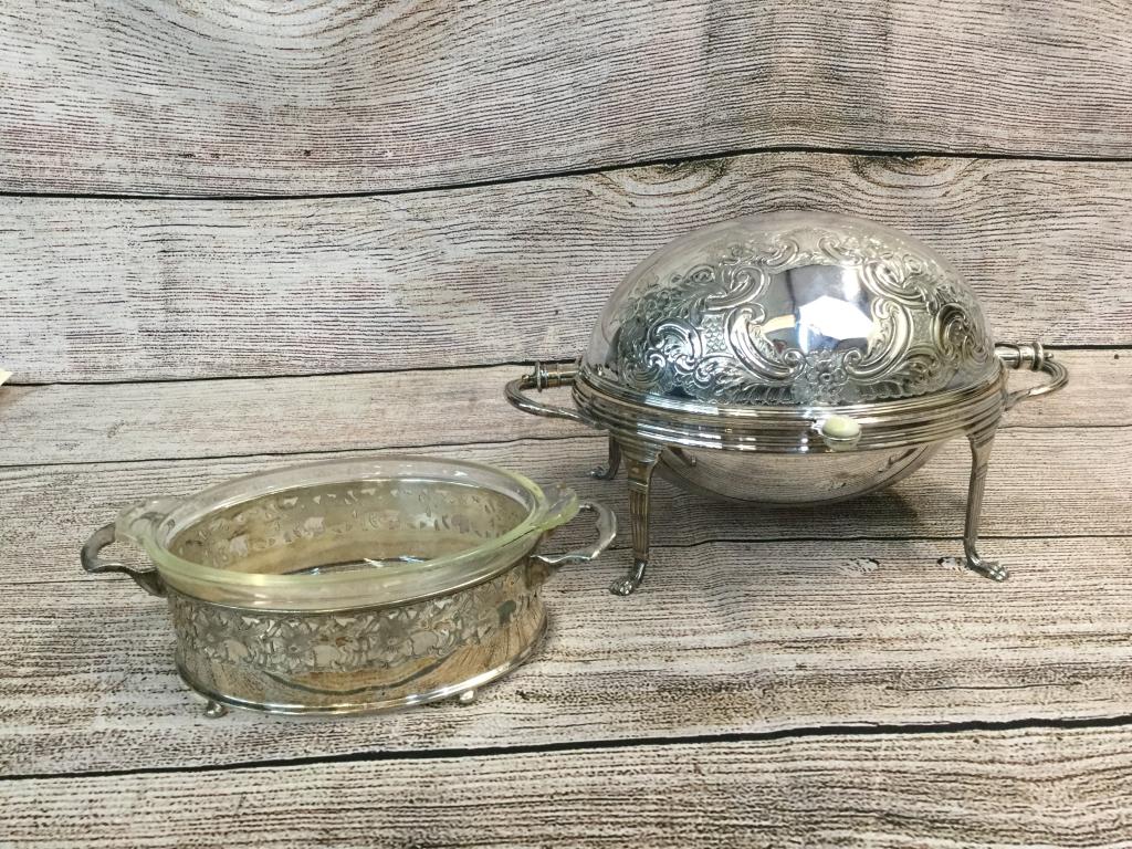 Victorian Plated Dome top Bun Warmer, Casserole: Set bun warmer is 12 x 9.5 inches with bone button knob, paw feet, double handles...serving dish holder is 10 inches with handles...glass insert