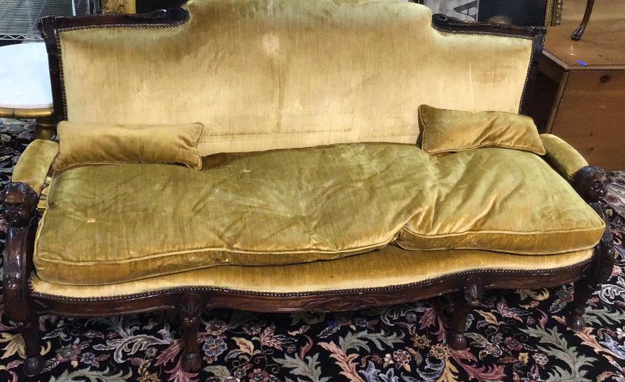 Horner Style Carved Sofa: Carved hoof feet, lady and gentleman carved heads, walnut, sturdy, clean 79 wide x 38 tall x 32 deep