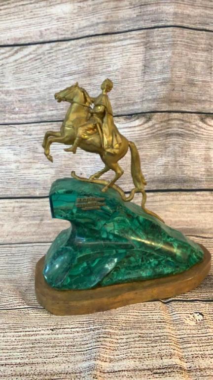 Figure of Peter The Great, Malachite Base: 10 inch metal figure of Peter The Great on Horseback with Serpent, mounted to a Malachite rock ...separate wooden base in gold paint....line 64