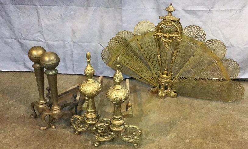 2 pairs Brass Andirons & Peacock Screen (1 of 3)