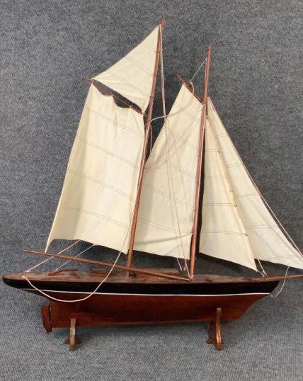 Ships Model: 42 Inches Long, Cotton Sails...with Stand...repair To Jib