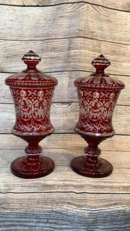 Pair Cranberry Cut to Clear Lidded Urns (1 of 7)