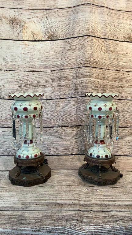 Pair Bohemian Lusters: 16 Inch Glass Luster's, Mounted On Tiered Brass Stands, Dolphin Feet, Electrified, With 2 Rows Of Brilliants....* Repair To One Wave At Rim