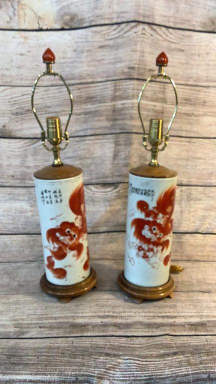Pair Asian Porcelain Cylinder Lamps (1 of 5)