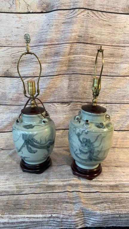Pair Asian Water Jars, Mounted as Lamps: 12 inches tall, blue crackle glaze jars/ jugs one retains old nail handles, both have spouts, mounted on wood stands, with wood caps