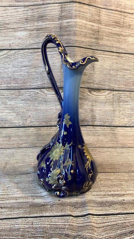 Limoge Pairpoint Porcelain Ewer: 16 inch large ewer with melon form, shaded cobalt ground with heavy gilt overlay...stamped Limoge and Pairpoint..beautiful! and good condition