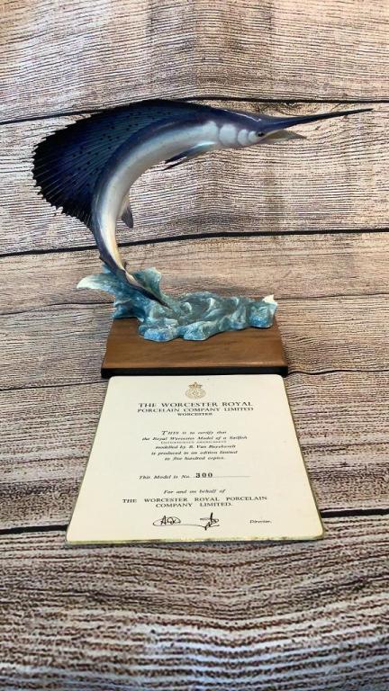 Royal Worcester Porcelain Sailfish: Limited Edition ..#300/500, 10 inches tall, w/ separate fitted wood base, signed with certificate...
