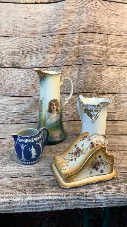 Wedgwood, Porcelain Pitchers, Cheese Dish: 15 inch portrait ewer marked Alice, 9 inch blanc de chein with gilt floral trims, 5 1/4 inch Wedgwood pitcher Grecian forms * small base rim chip, unmarked Ironstone cheese dish