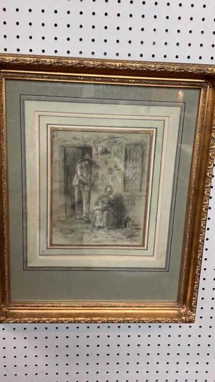 Chalk on Paper, After Jean Francois Millet: Woman holding child near doorway....10 x 8 ..initial at lower right...in a modern gilt wood frame