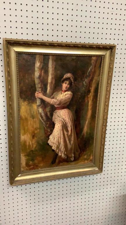 Oil on Canvas, Young Woman in a Tree: Manner of Tissot, 17 x 23 inches sight, unsigned....gold tone frame...* surface scratches near tree...