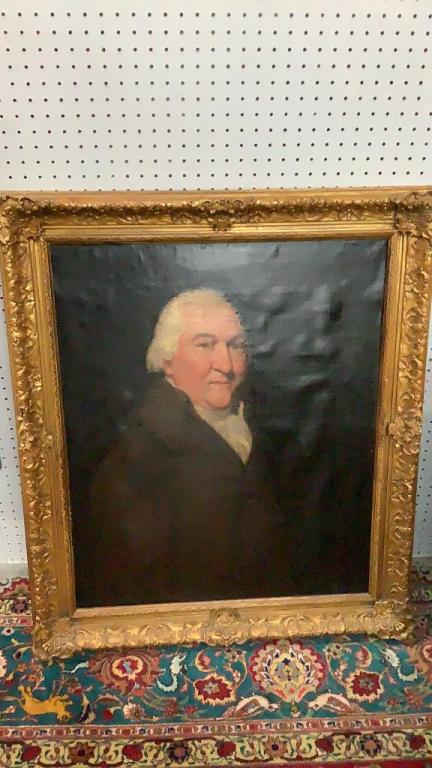 Oil on Canvas, Portrait of Gentleman: Large portrait of Gentleman white hair, attributed to Gilbert Stuart....paper tag on verso ...from estate of Congressman James Fulton....24 x 30 sight, mounted in ornate gilt frame.....* repainted?.