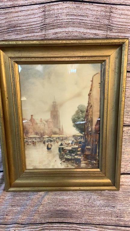 Watercolor Market Day, Utrecht: Attributed to James Robertson Miller....10 x 14 inches sight...signed at lower left..JR Miller...mounted in gold tone wood frame....