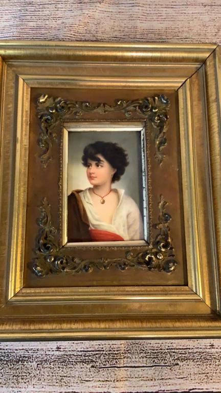 Hand Painted Portrait on Porcelain Plaque: 3.5 x 5.5 inch plaque, beautiful portrait of young boy with earring...unsigned, notation written on frame credits Von Wagner....Napolitaner ( native of Naples ?.) is written on verso plaque along with