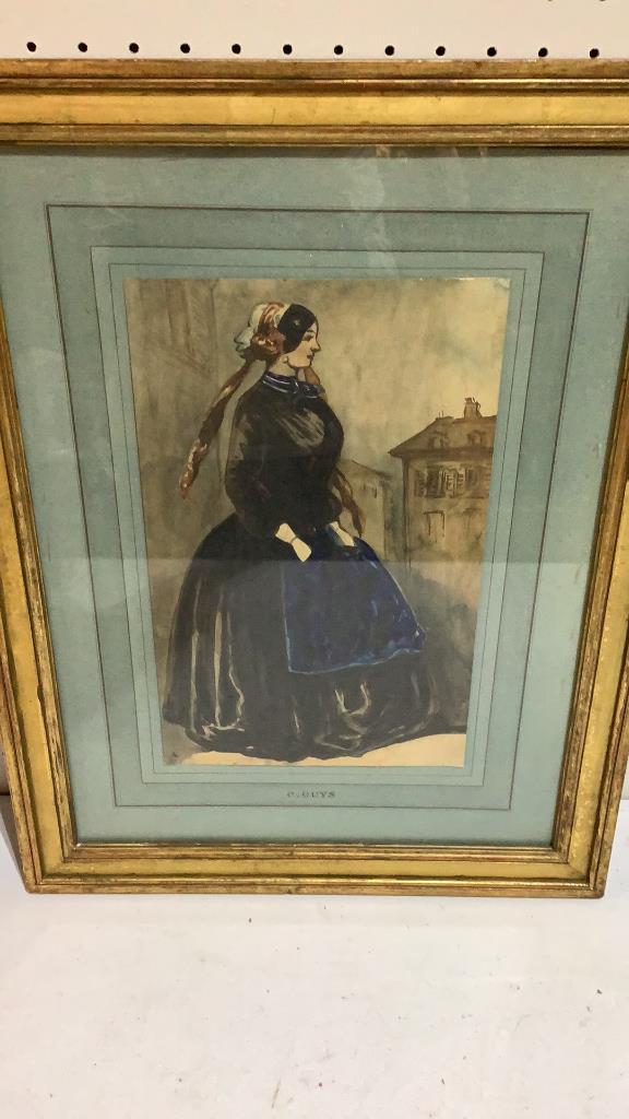 Watercolor on Paper: French 13 x 8 ...Constantin Guys...original frame...