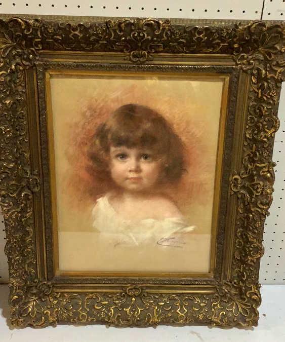 Pastel Portrait of Child: After Emile Vernon? ... signed at lower right E. Vernon, 14 x 18.5 inches sight...ornately framed in gilt wood ...glass front, * not removed from frame for verification...