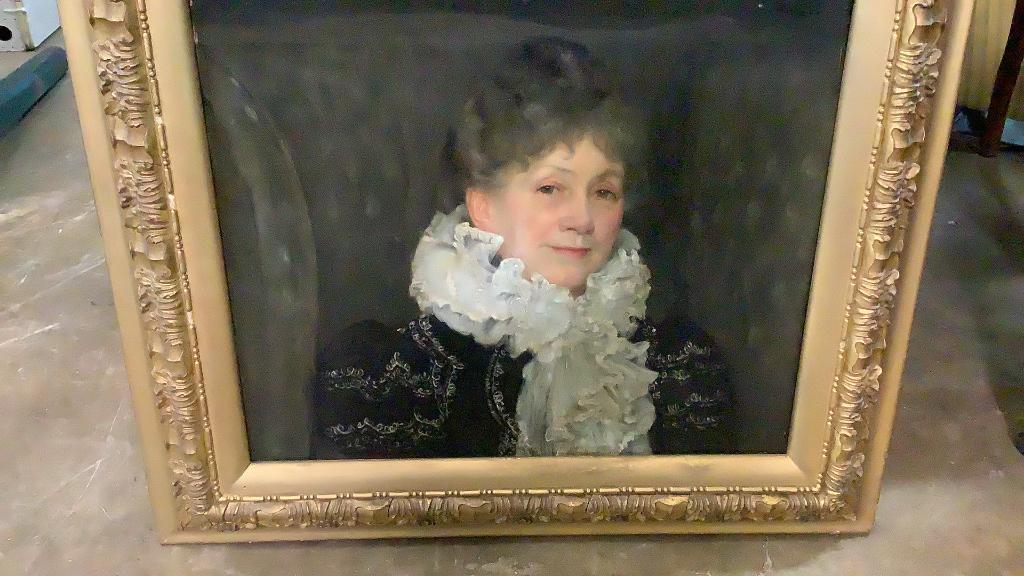 Oil on Canvas, Portrait Julia Dalton Bale: Artist attribution to Herbert A. Oliver, 1901...22 x 20 sight mounted ornate gesso and wood frame....old canvas...not signed at front, notation on verso