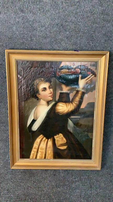 Oil on Canvas, Woman with Bowl Fruit: 15 X 20 Inches Sight, Mounted In Wood Frame..no Signature...old Canvas...one Patch On Verso Lower Left ..
