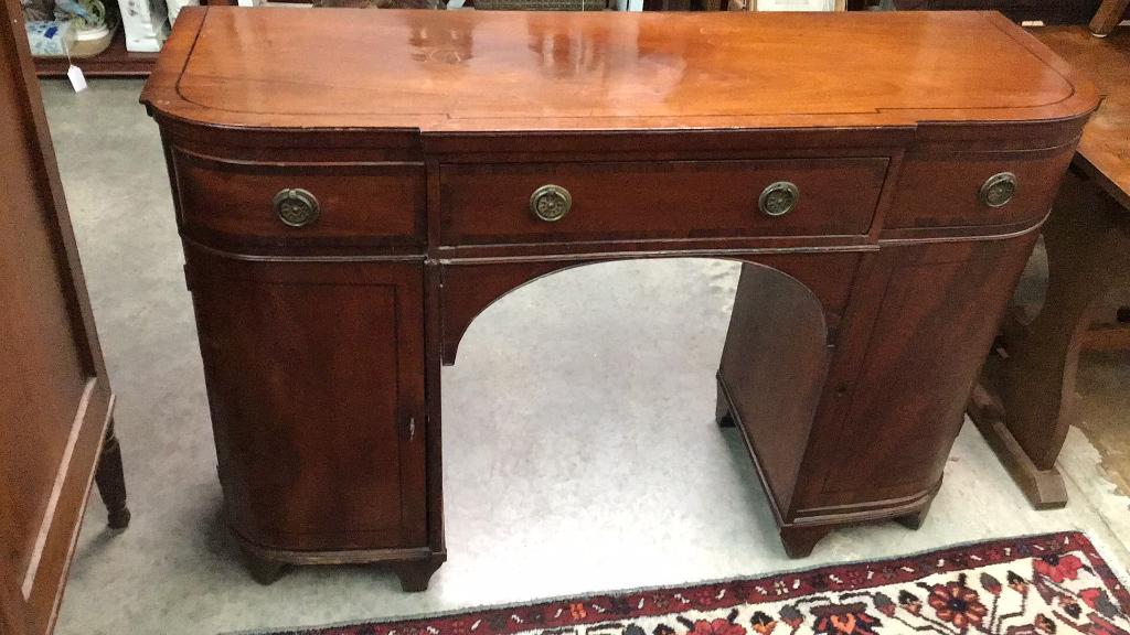 Diminutive Edwardian English Bow Front Server: Unusual size, shaped doors and drawers, Ebonized string inlay, 32 tall x 48 wide x 15 deep