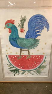 Ford Ruthling “ Good Evening Cita”: 40 x 29 inch watercolor on paper, signed lower right, dated 86... title at lower left...also as Rooster on-a Melon....mounted in modern wood frame.....