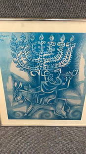 Artist Signed Lithograph, Pinchas Shaar: Menorah and donkey...17 x 20 sight, mounted modern metal frame...pencil notation by artist at bottom....Artist signed P. Shaar, dated 1974