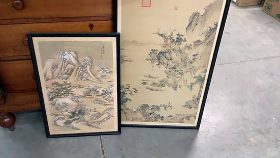 2 Asian Watercolor/ Woodblocks: 30 x 19 inches sight...mountains with foliage....red seal mark upper left....16 x 12 inch mountain path with varied stations ...upper right signature?