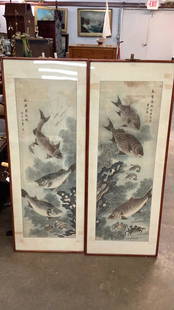 Pair Asian Woodblocks Fish on Fabric: Each 50 x 16 sight...with texture matte, Asian style wood frames, * some discoloration to each,