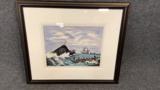 Nantucket Hand Colored Whale Hunt: 16x 12 inch sight ...professional frame and matte...not signed..