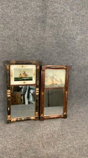 2 Federal Half Column Mirrors: 22 x 11 inch in black and gilt paint..reverse painting of ship at top..old slatted wood back...20 x 10.5 inch mirror with sponge painted frame, print of sailing vessel to upper half...wood