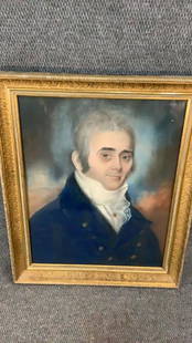 Pastel Drawing Important Gentleman: 18 x 23 sight, mounted in gilt wood frame...ancestral portrait of Gentleman in blue coat, white neck cloth and shirt..unsigned...wood backed frame