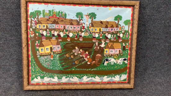 Oil on canvas, Outsider Art: Combined scene shows Crucifix in back ground...chickens, cows, people planting in foreground, with crosses and houses...a signature at lower center * not identified..22 x 18 inches sight,