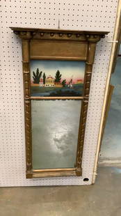 Federal Split Column Mirror: Rope turned side half columns frame a 2 part mirror with reverse painting ...stepped cornice over hang with ball decoration....old guilting * slight paint loss to upper columns...and to cornice