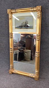 Federal Split Column Mirror: Reverse Painted Upper pictorial of sailing vessel, gilt paint with upper rosettes....Ships...Constitution and Guerrero....17.5 x 35 inches, * some tilting losses
