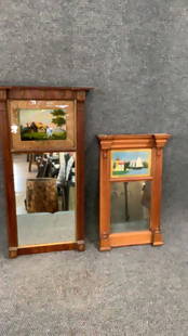 2 Federal Style Mirrors: 29 x 13 with receded split columns, reverse painting at upper, cottage scene...baluster top with rosettes..* crack thru upper pictorial....12 x 21 inch mirror with reverse painting upper..sailing