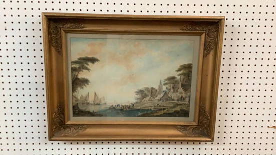 Watercolor Harbor Scene With village: 18 x 12 inches sight...mounted in older gold tone wood frame..unsigned...slight discoloration * not removed from frame