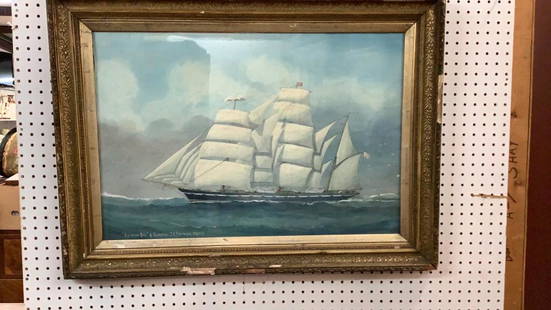 Watercolor Of Sailing Vessel, Rothesay Bay: Signed at lower right J. Hall....3 Mast vessel, showing 2 flags...29 x 20 sight, old gesso gilt frame....* some loss to frame...* back not removed for identification