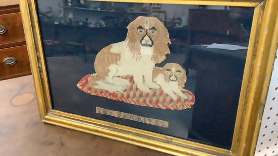Antique Needlepoint of Spaniels: “ The Favorites” 7 x 10 inch hand work piece, mounted in gilt tone frame on felt ...* some chip loss to frame