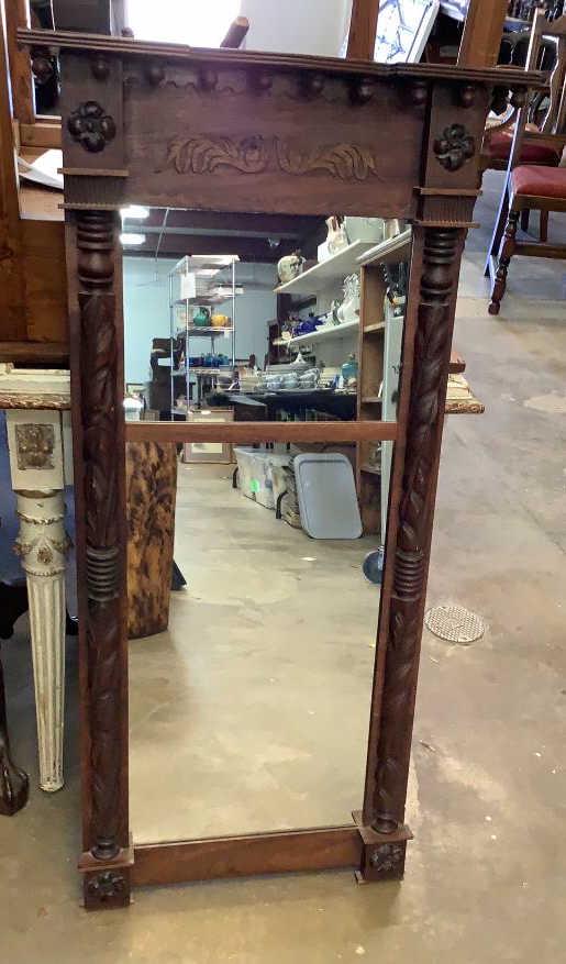 Empire Split Column Tall Mirror: 44 x 18 inches, acanthus leaf carved posts, rosettes ...4 inch split baluster with ball decoration * center carved element w/ damage leaf...