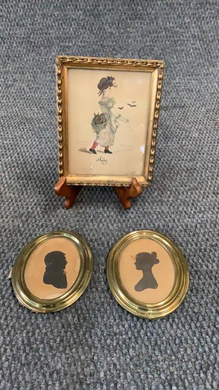 Pair Silhouette Portraits, Drawing: 5.5 inch portraits in oval frames, man and woman....5 x 7 inch pen and ink drawing of Mary, in brown hat, with rabbits