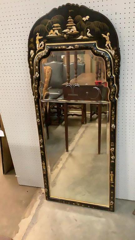 Chinoiserie Lacquer Mirror: Hand Painted black lacquer Frame, borders exceptionally nice beveled mirror with graceful Fleur etched center design...61 x 24 inches, pagodas, birds, butterflies, and archers adorn frame...