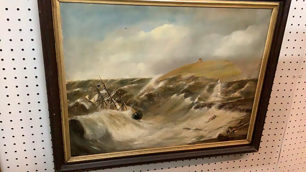 Oil on Board, Rough Seas, Ship Aground: 23.5 x 18.5 inches sight, Mounted plain wood frame...unsigned work