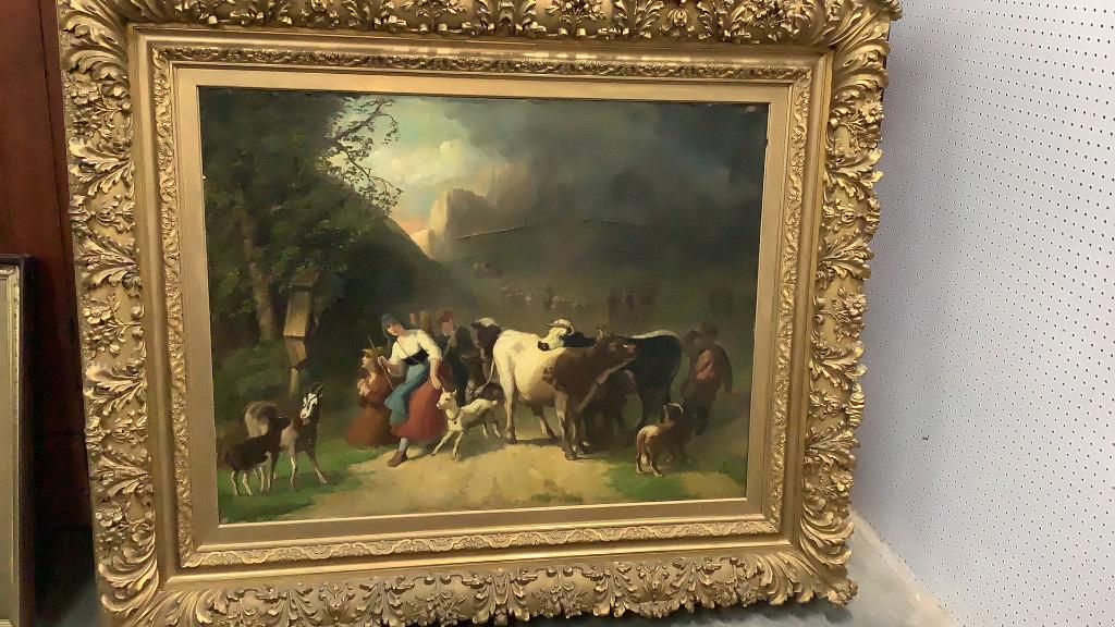 Grand Oil on Canvas Painting, Continental School: Alpine Scene, depicting Animals, Shepherdess, mountains in background..an impressive painting, mounted in ornate Gilt- Gesso frame..work appears unsigned..44 x 37 sight...total 65 x 55 x 5 deep.....* 