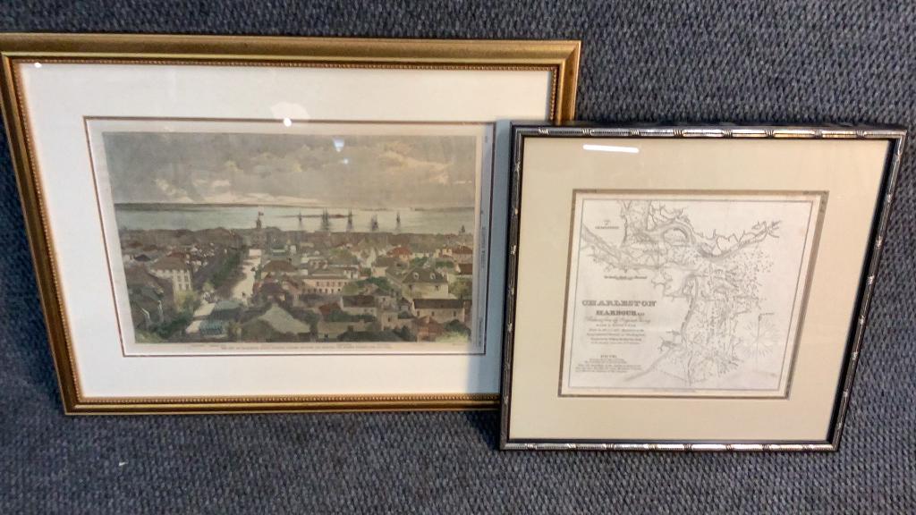 Framed Map, HarpersvWeekly Page, 1861: 9.5 x 9 inch framed map Charleston Harbor dated 1841?, framed page from Harpers Weekly, 1861 showing city of Charleston looking seaward