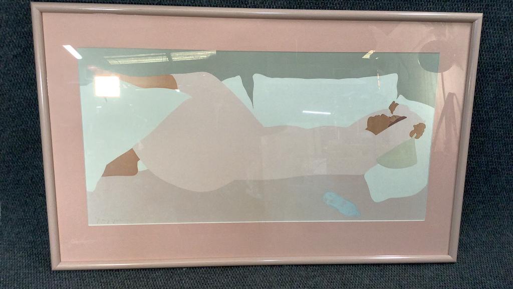 Pegge Hopper Serigraph Print: 34 x 16 inches, sight...reclining lady ...printed signature lower left....matted and framed in pastels
